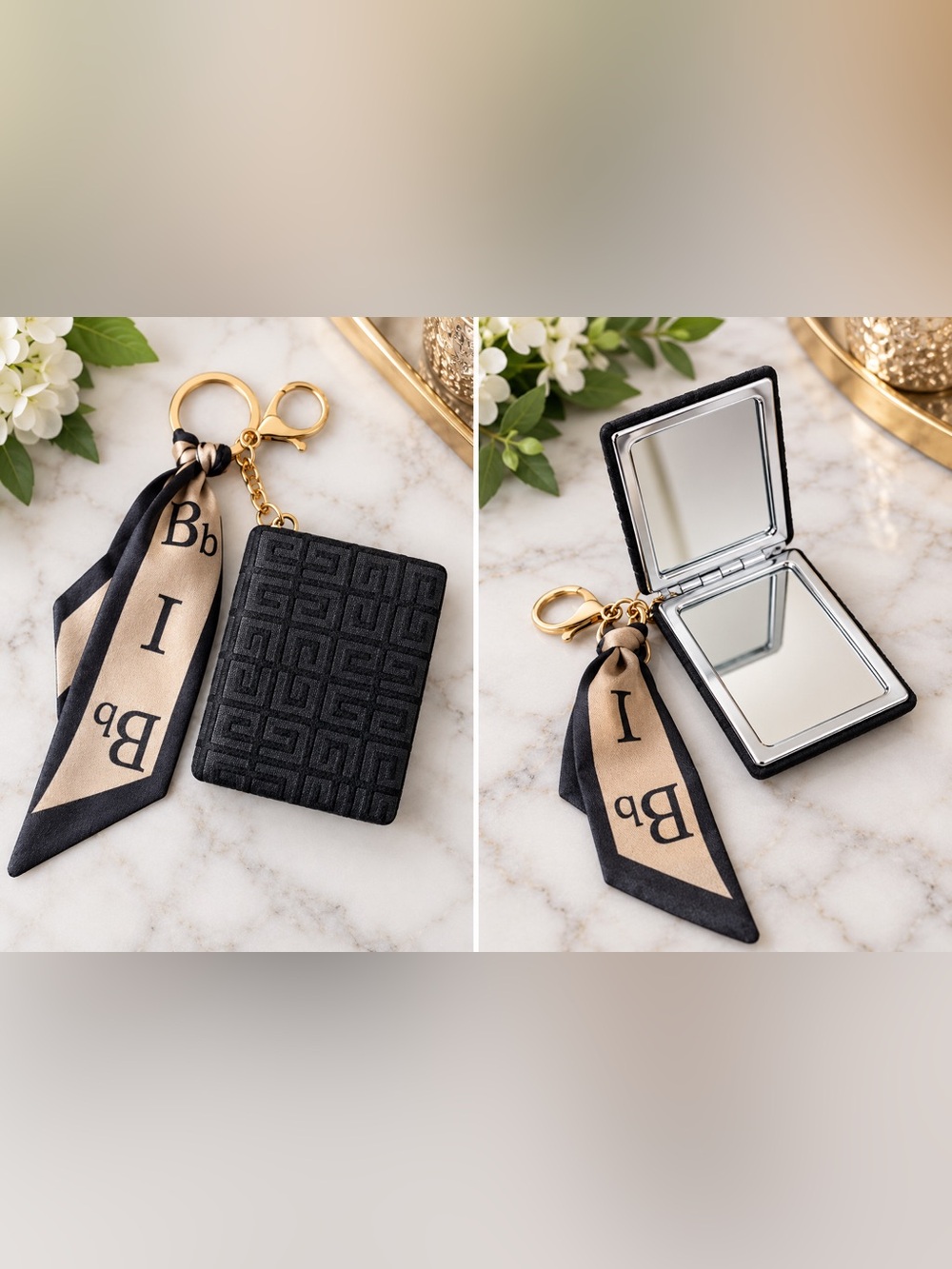 Black Quilted Keychain Compact Mirror with Scarf Accent